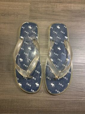 Abercrombie & Fitch Navy Logo Flip Flop Sandals with Clear Straps